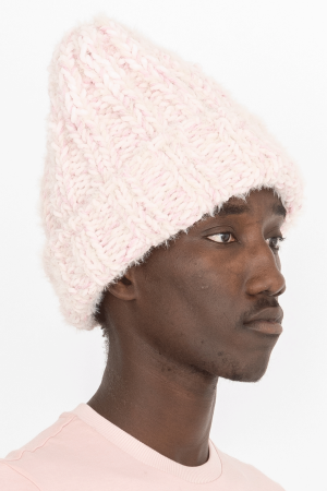 handknitted furry beanie hat pink