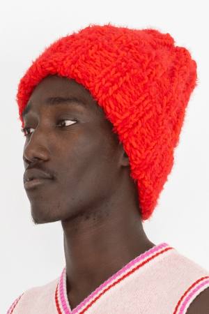 hand knitted furry beanie hat red