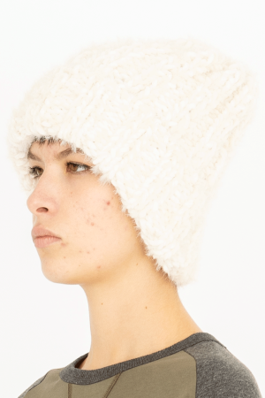 hand knitted furry beanie hat Ivory