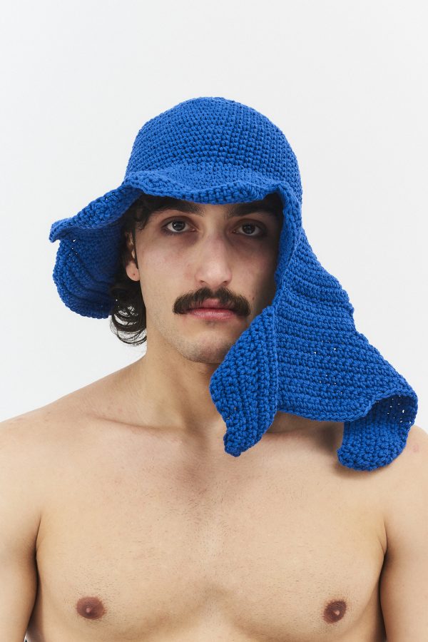 hand-crocheted flower bucket hat royal blue