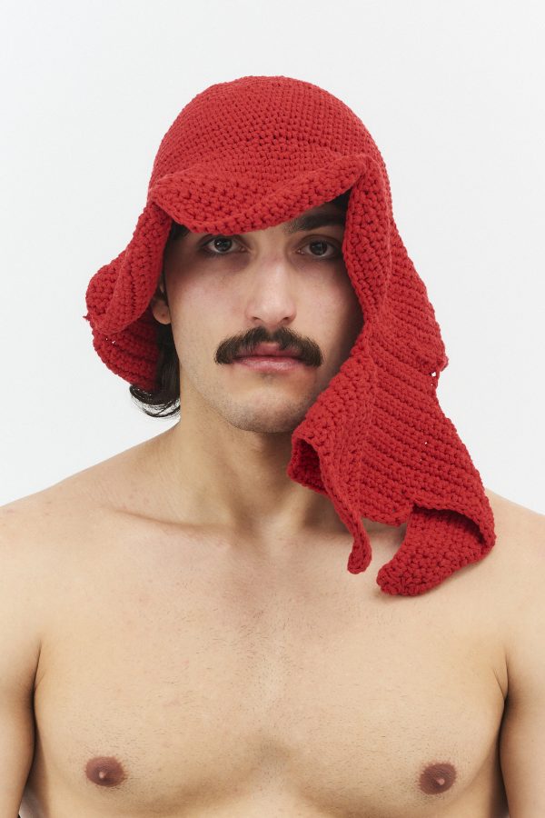 hand-crocheted flower bucket hat red