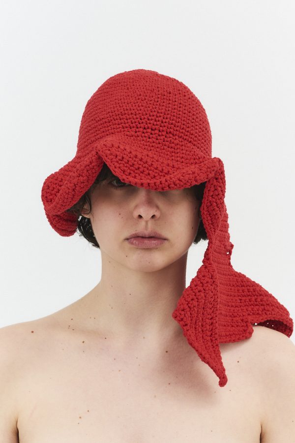 hand-crocheted flower bucket hat red