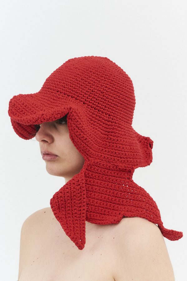 hand-crocheted flower bucket hat red