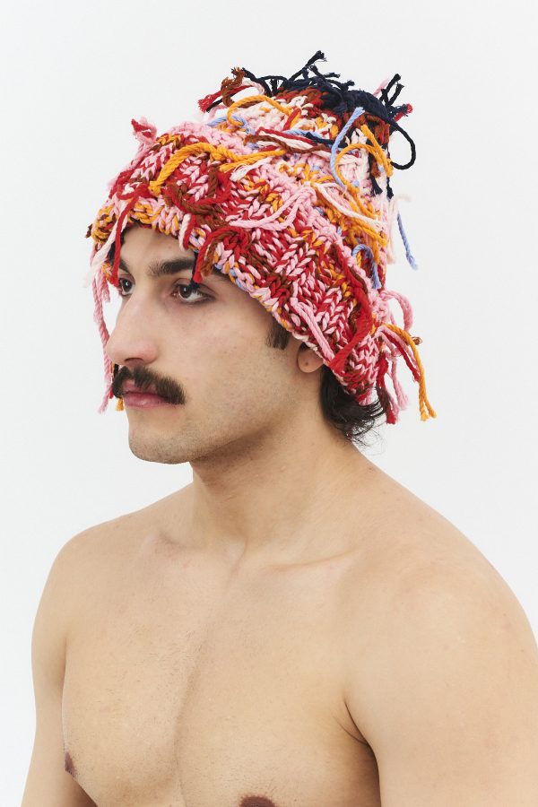 Hand knitted threads beanie hat multi