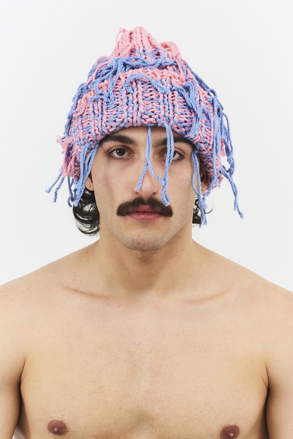Hand knitted threads beanie hat pink/turquoise