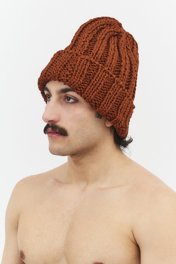 hand knitted beanie hat brown