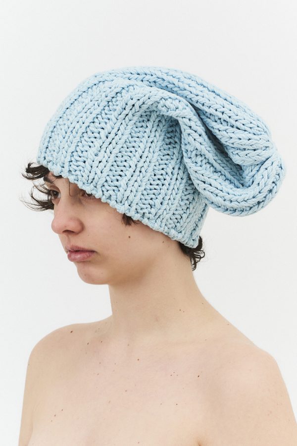 hand knitted beanie hat baby blue