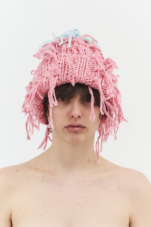 Hand knitted threads beanie hat pink/multi