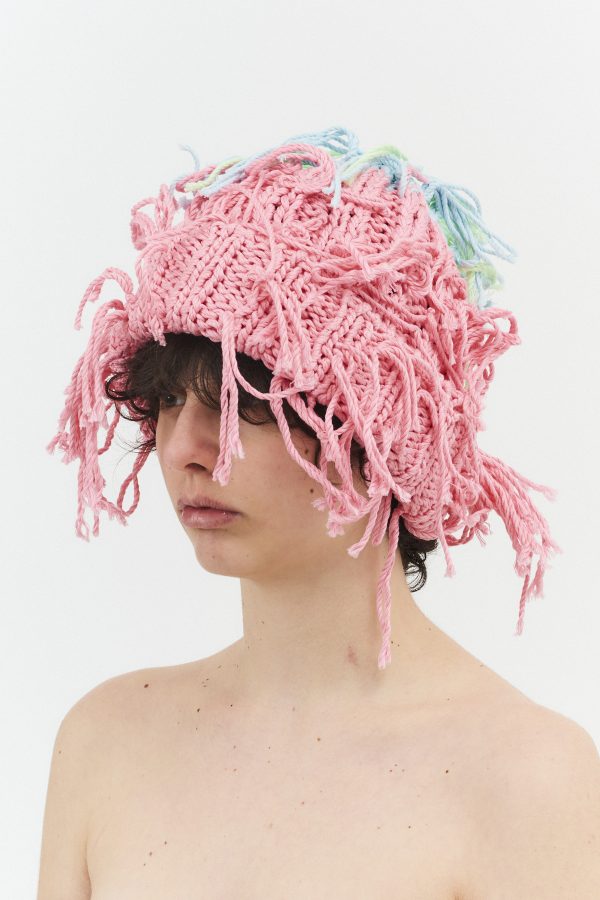 Hand knitted threads beanie hat pink/multi